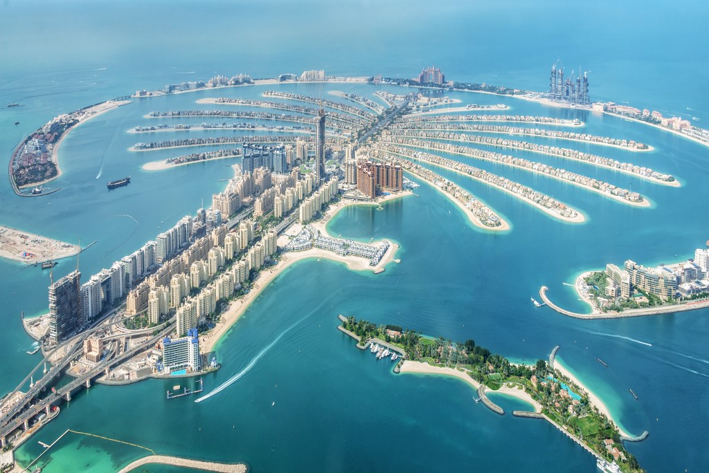 Ariel view of Palm Jumeirah Dubai, a man-man island that is in the shape of a Palm Tree.