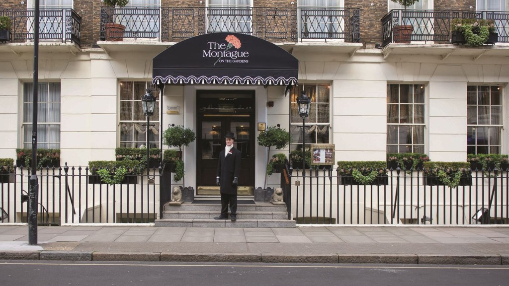 London’s best boutique hotels - The Montague on the Gardens front entrance with a doorman out the front