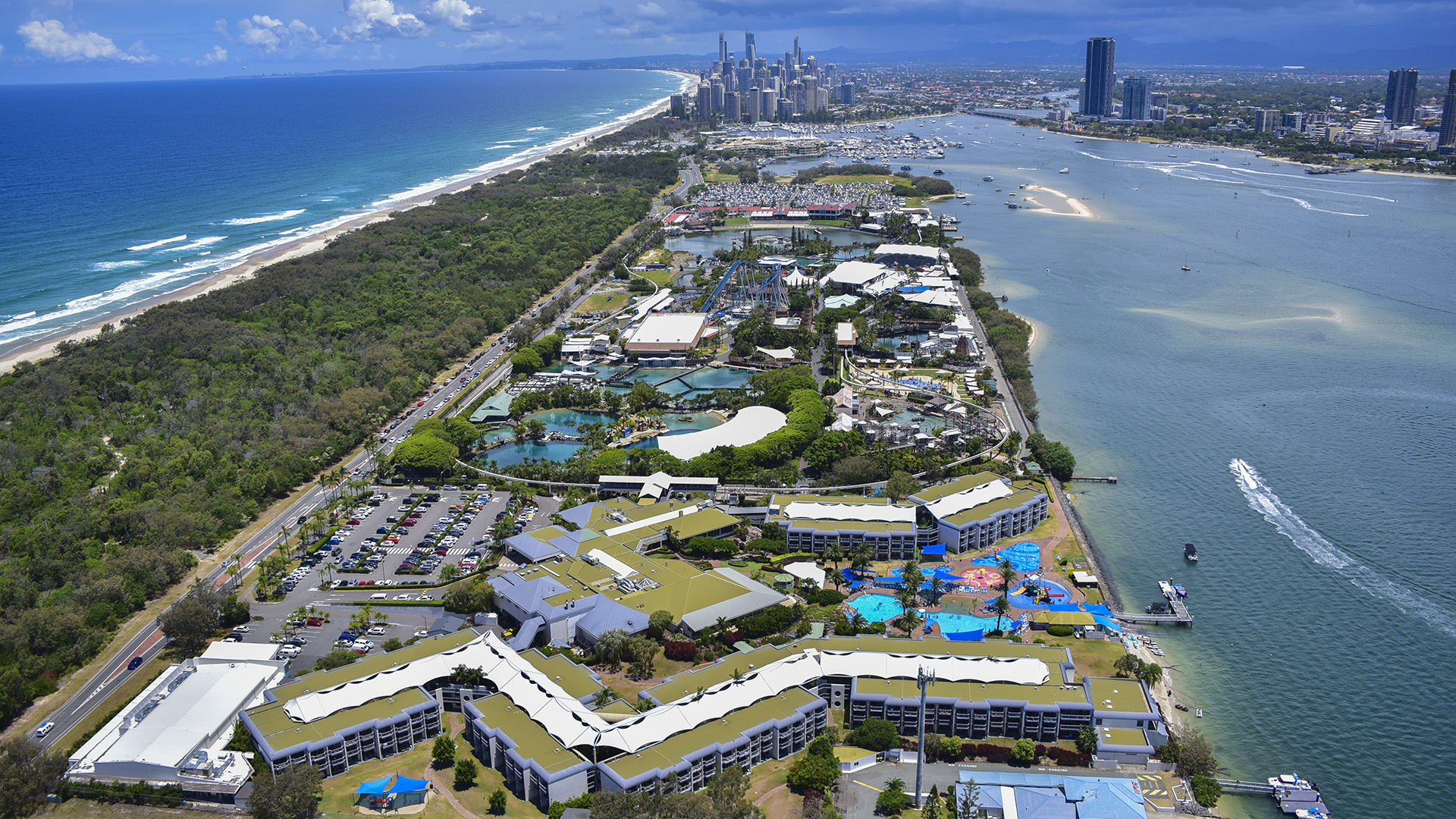 Sea World Resort from above with the ocean on one side and broadwaters on the other