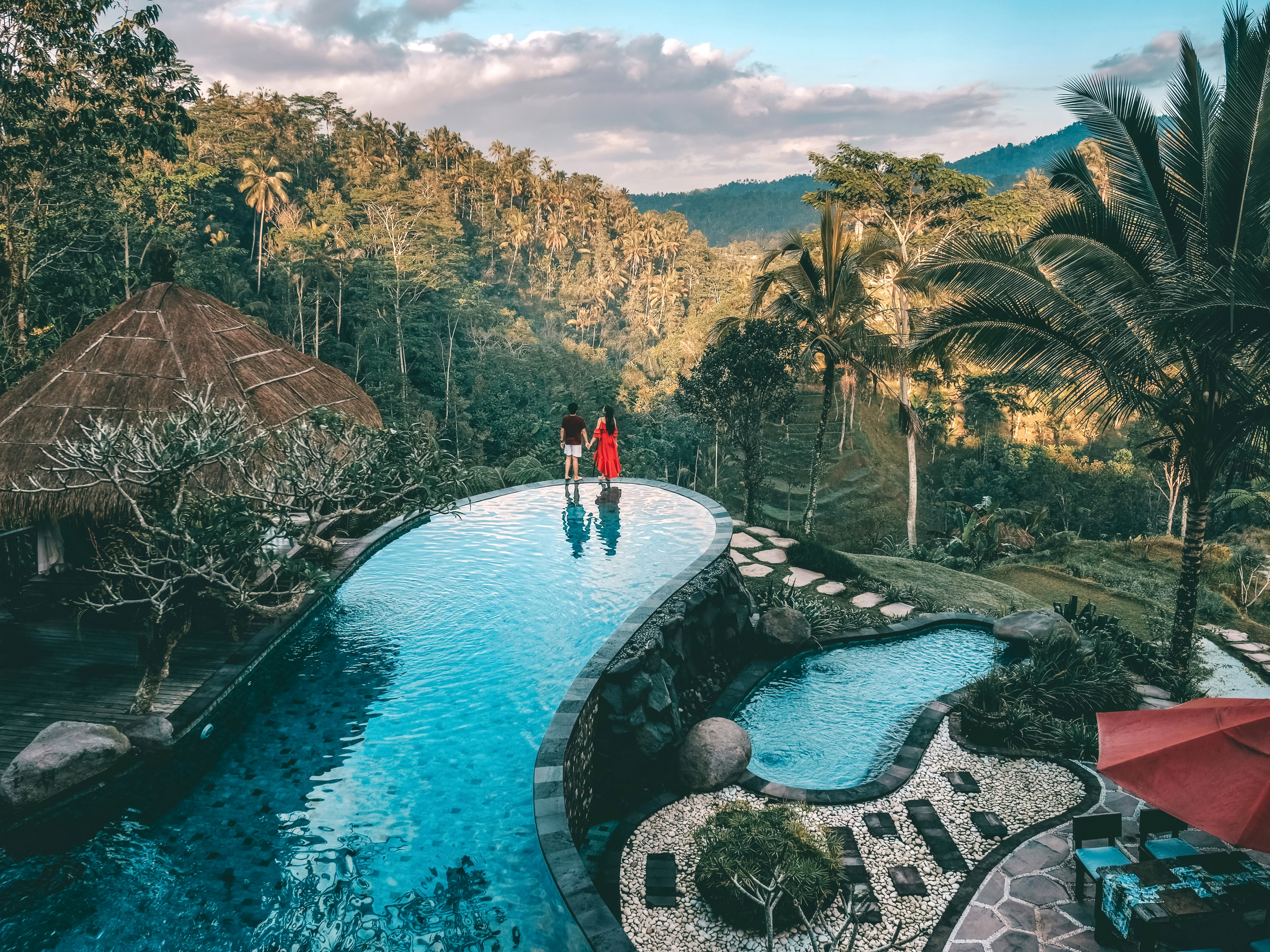 Bali Ubud with two people stnading at the edge of an infinity pool overlooking the green lush terraces
