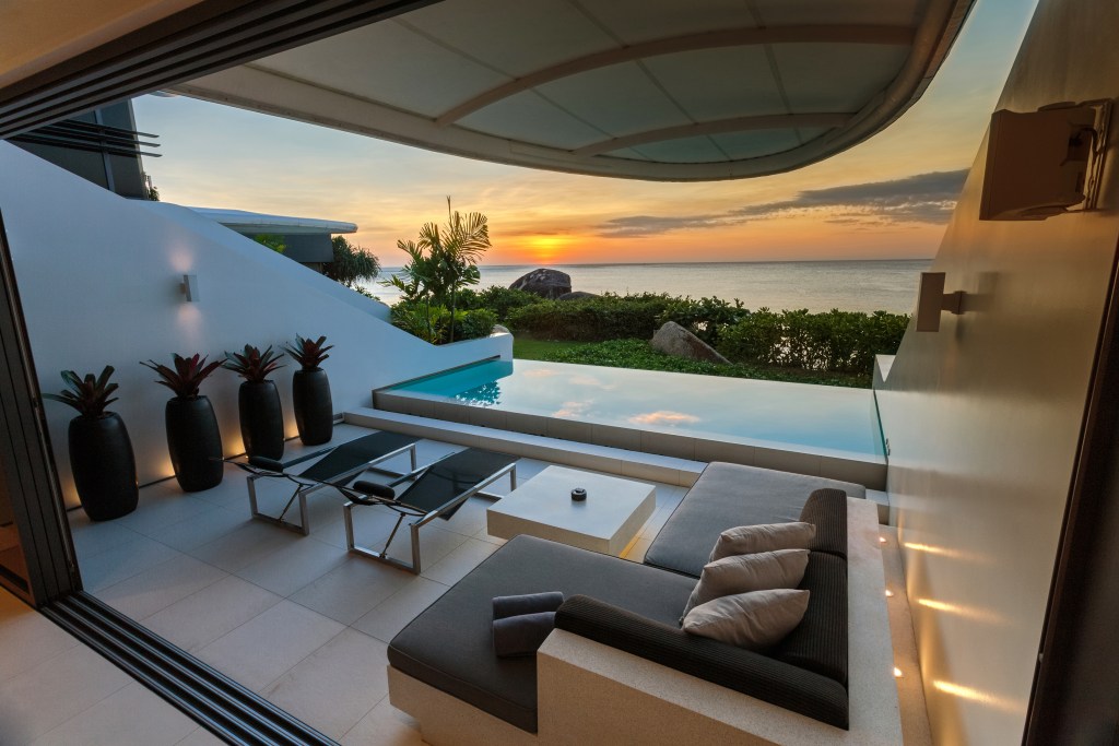 An outdoor patio in a villa at Kata Rocks, Phuket, one of the best honeymoon resorts in Thailand