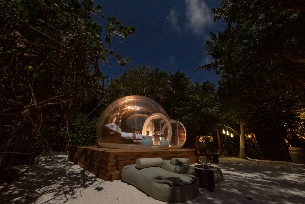 A bubble domed glamping room at Amilla Maldives, a unique experience in the Maldives