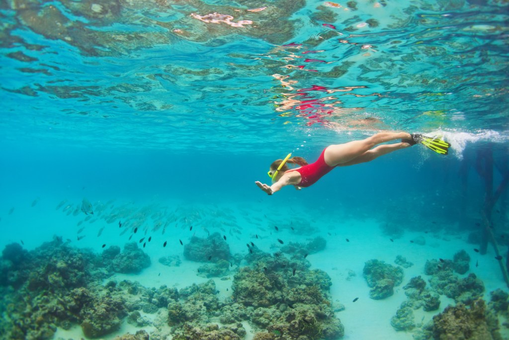 A snorkeler underwater at Kagi Maldives Spa Island, offering a unique underwater meditation experience in the Maldives