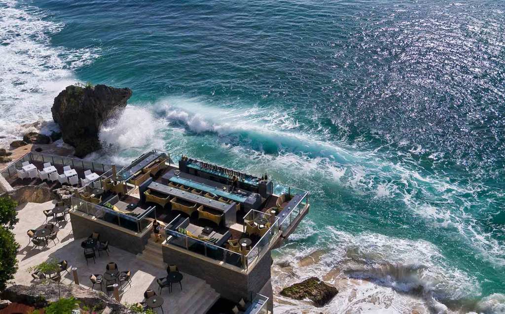 An aerial view of Rock Bar over the ocean in Bali at AYANA Resort & Spa, Bali, one of 7 of the best things to do to make your Bali escape unforgettable