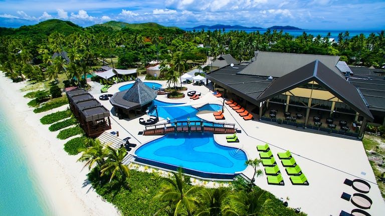 An aerial view of Mana Island Resort and Spa, one of the top family resorts in Fiji - Luxury Escapes